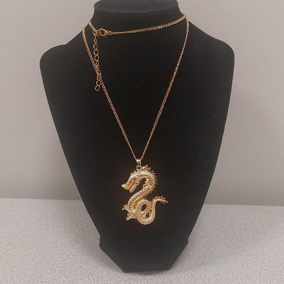 Jewelry - Gold Toned Red Eye Dragon Fashion Costume Long Necklace